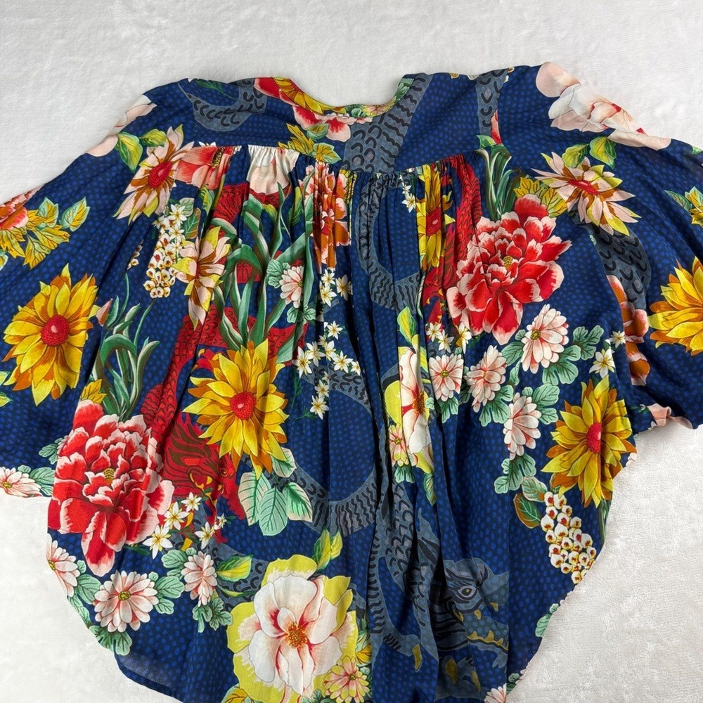 Johnny Was Jader Blouse Women S Blue Dragon Floral Silk Dolman Sleeve Boho Top - Picture 6 of 9